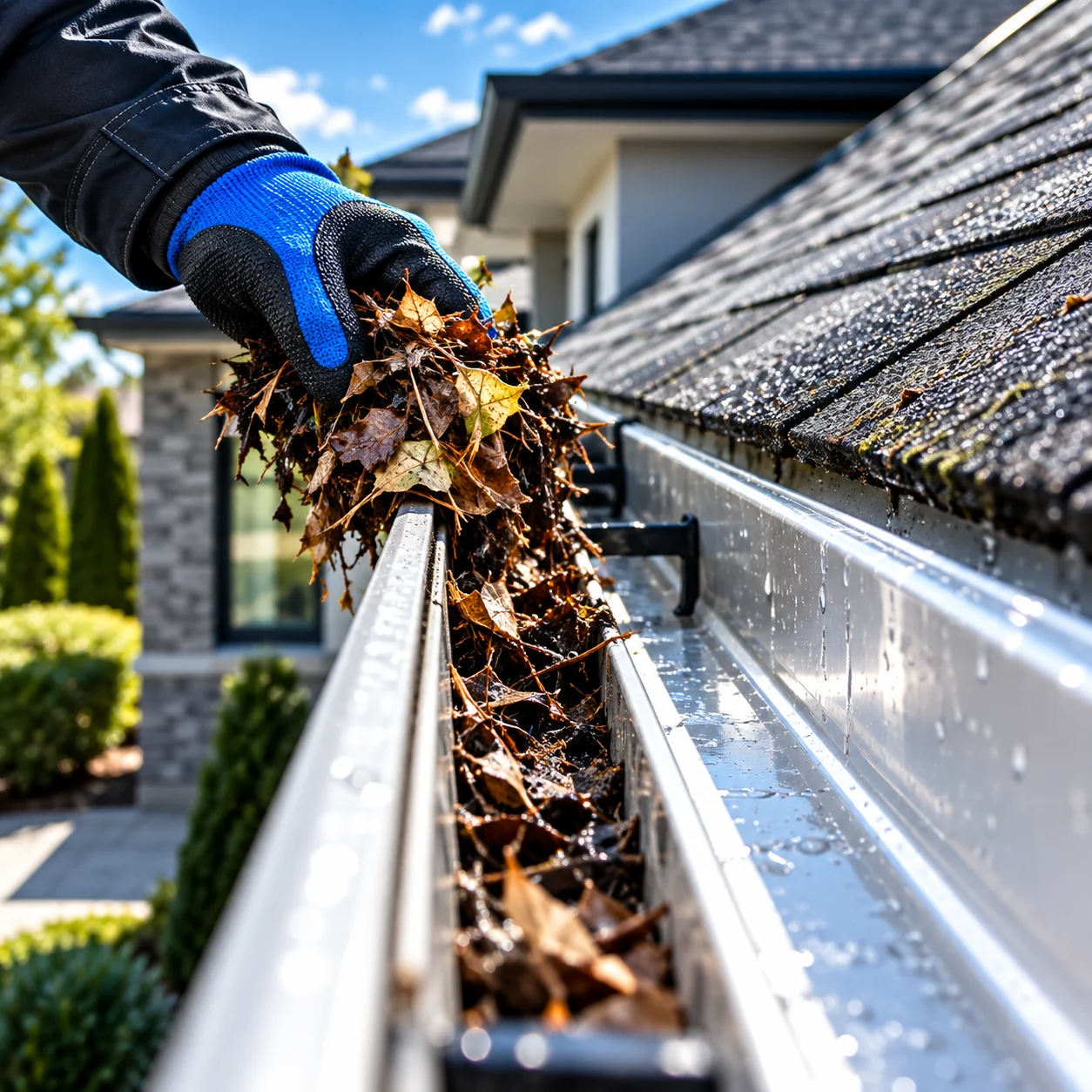Removing leaves and debris from a gutter