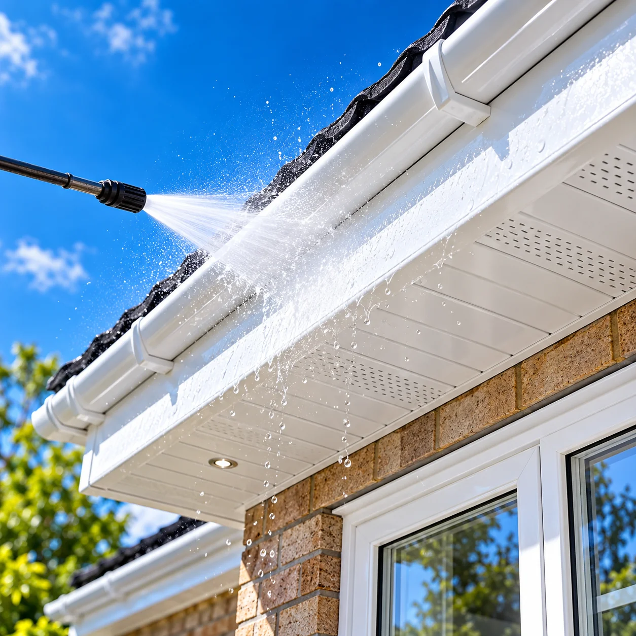 Cleaning fascias and soffits beneath a roofline